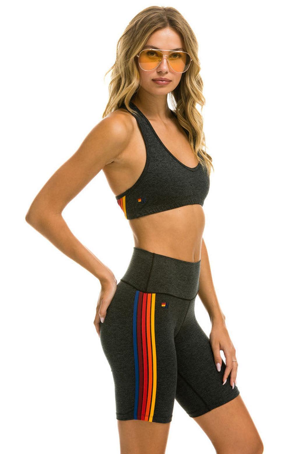 5 STRIPE RAINBOW 8 IN INSEAM HI-RISE BIKER SHORT - CHARCOAL Female Product Image