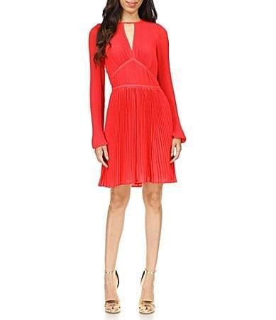 MICHAEL Michael Kors Solid Eco Poly Keyhole V-Neck Elastic Sleeve Cuff Fit  Flare Dress Product Image