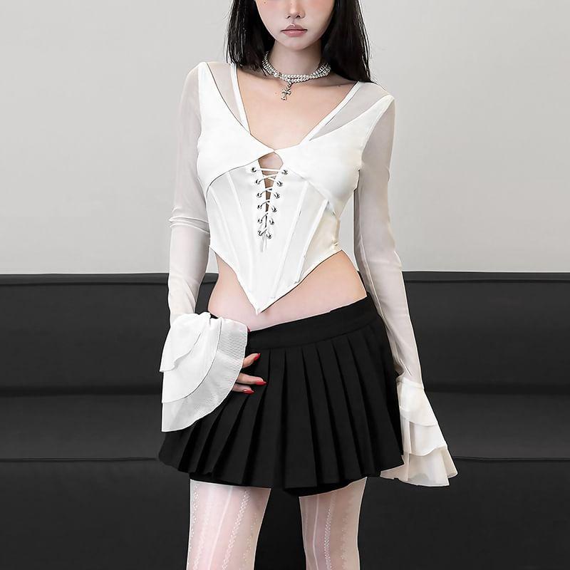 Bell Sleeve V-Neck Plain Lace Up Panel Mesh Top Product Image