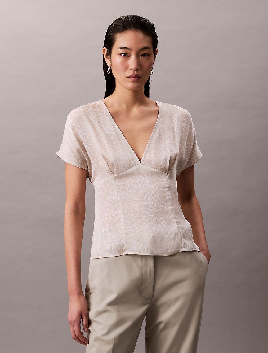 Printed Satin V-Neck Blouse Product Image