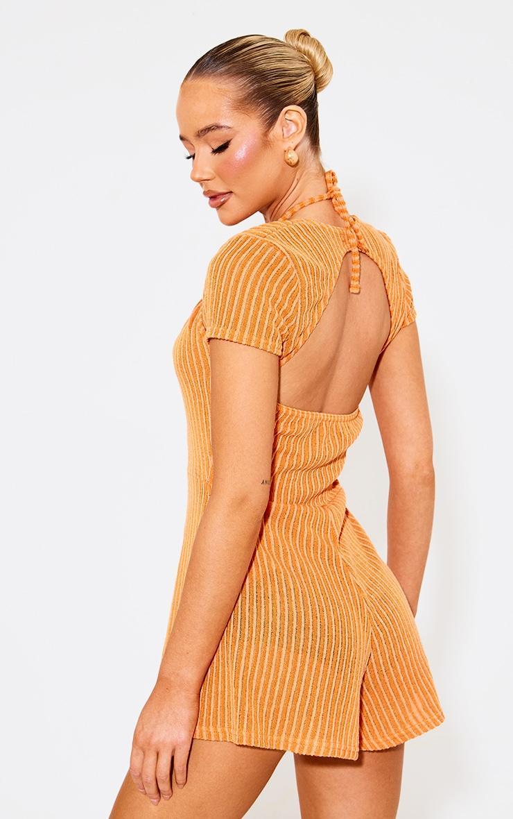 Orange Textured Rib Short Sleeve Halter Strap Romper Product Image