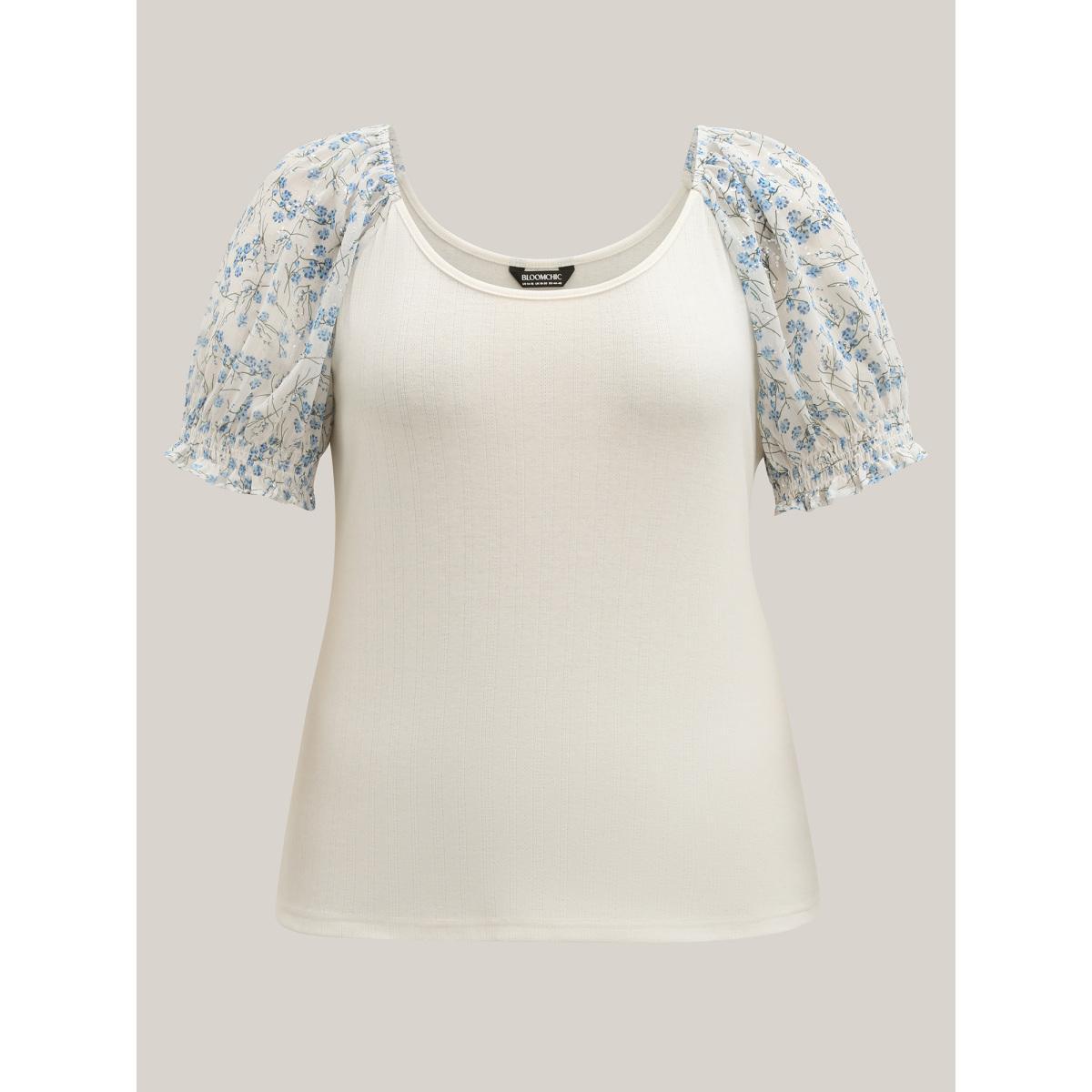 Plus Size Floral Puff Sleeve Textured T-Shirt Beige Women Timeless Texture U-neck Elegant T-shirts BloomChic 28/5X Product Image