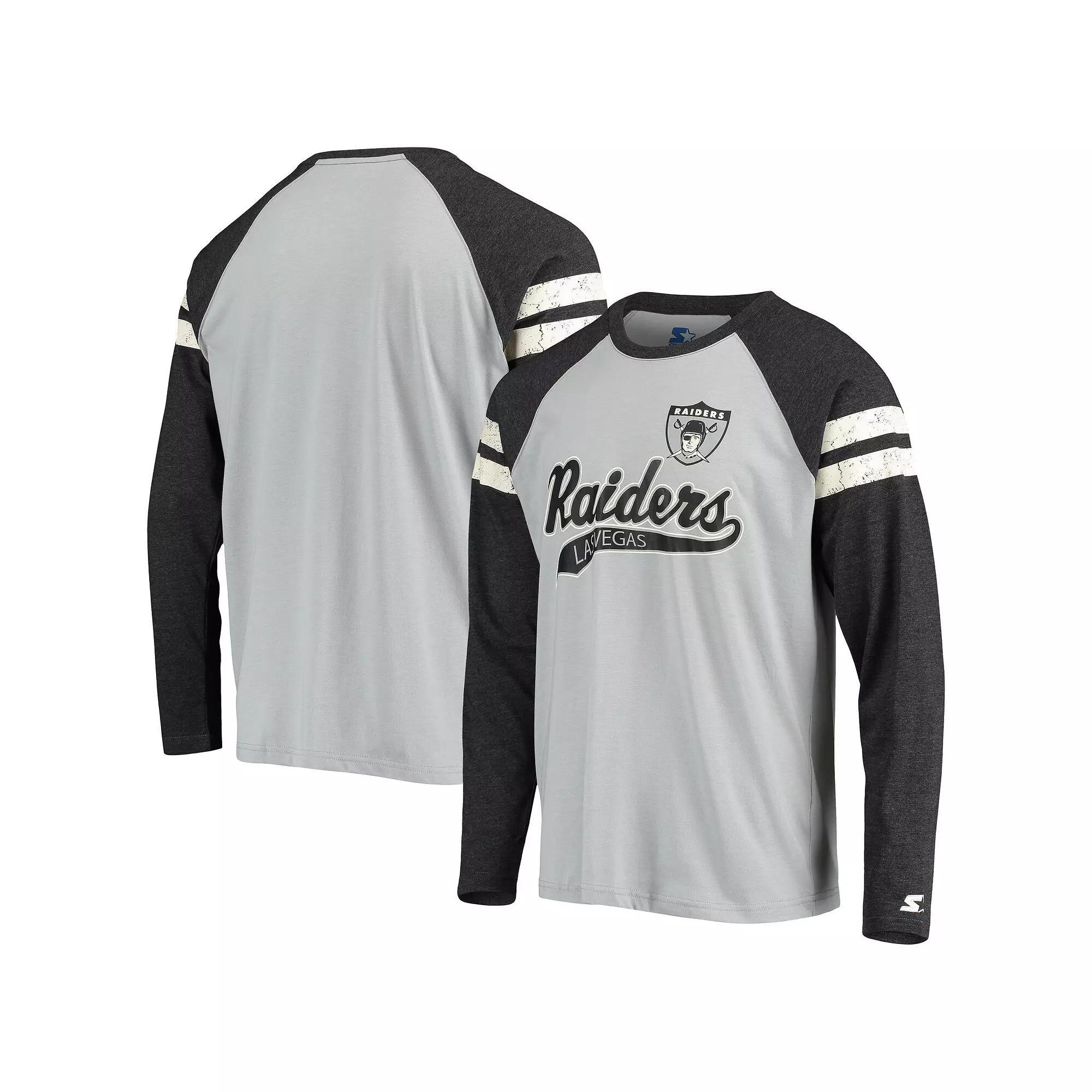 Men's Starter Silver/Black Las Vegas Raiders Throwback League Raglan Long Sleeve Tri-Blend T-Shirt, Size: Small, Lvr Silver Product Image