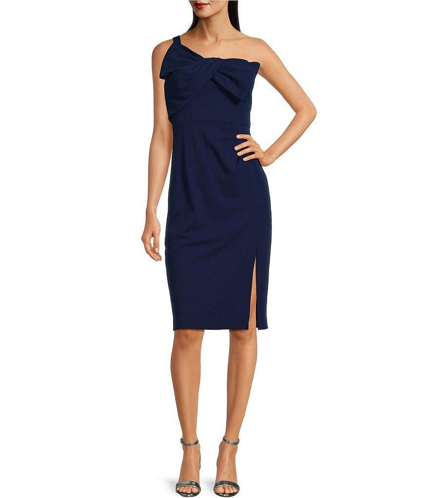 Adrianna Papell Crepe One Shoulder Sleeveless Bow Dress Product Image