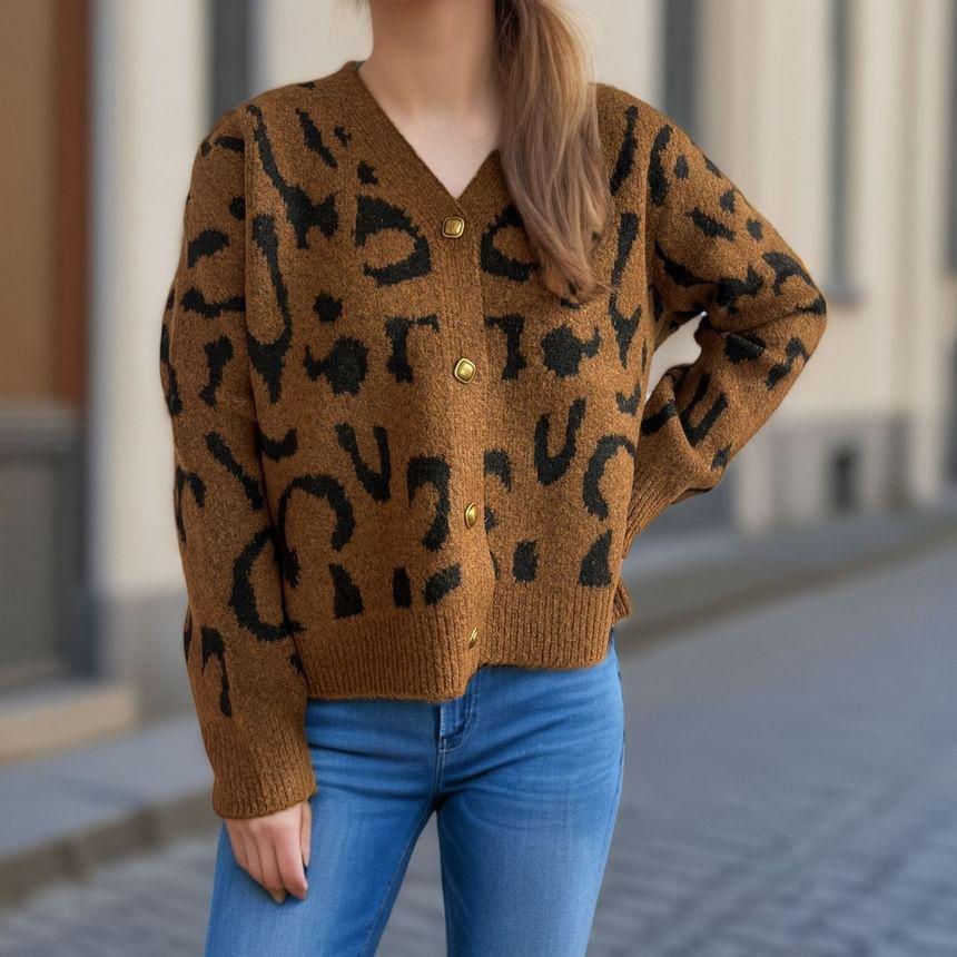 V-Neck Leopard Print Button-Up Crop Cardigan Product Image