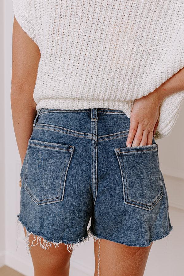 JUST USA Velma High Waist Frayed Shorts in Dark Wash Product Image