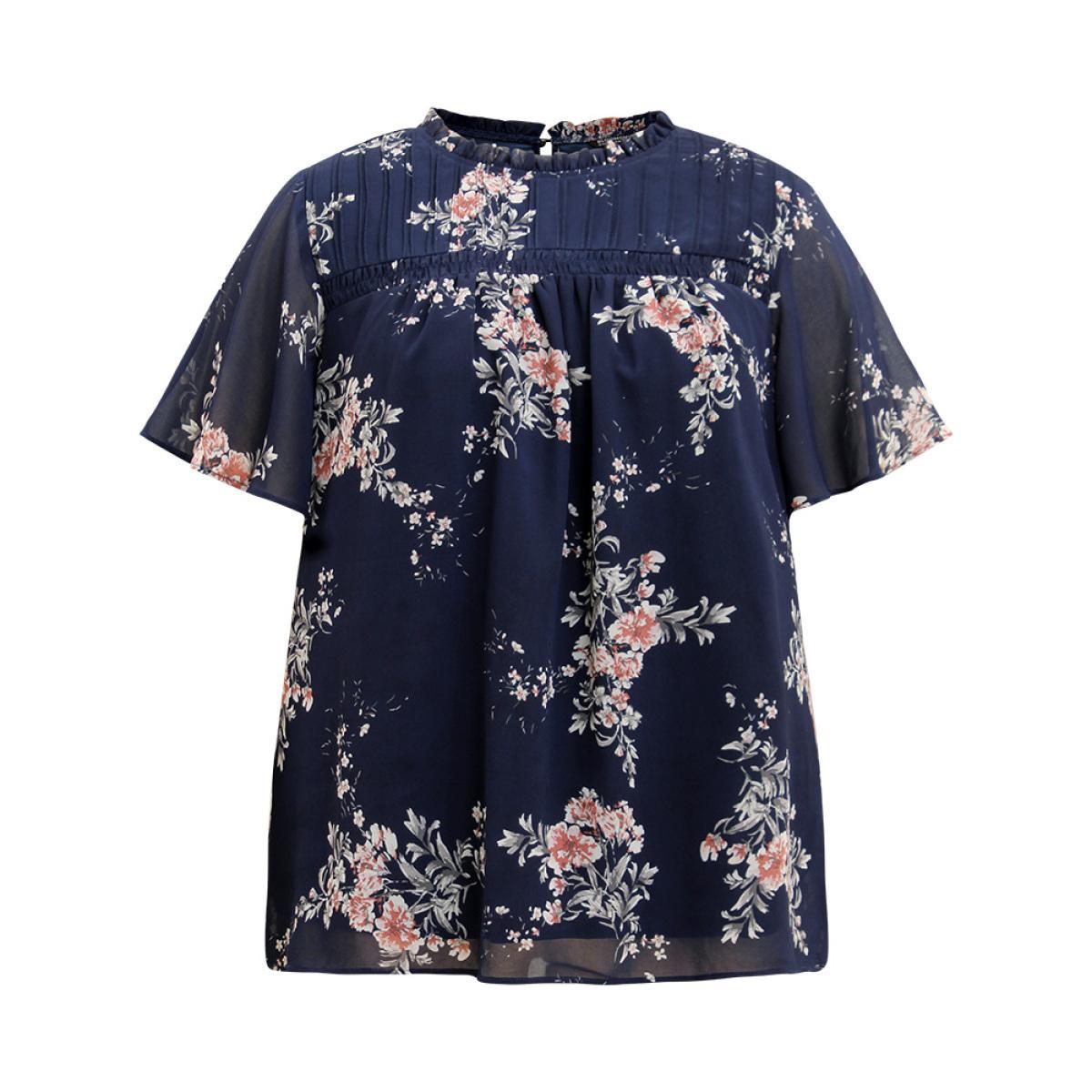 Plus Size Burgundy Floral Print Frill Trim Shirred Flutter Sleeve Blouse Women Elegant Short sleeve Round Neck Dailywear Blouses BloomChic 30/6X Product Image