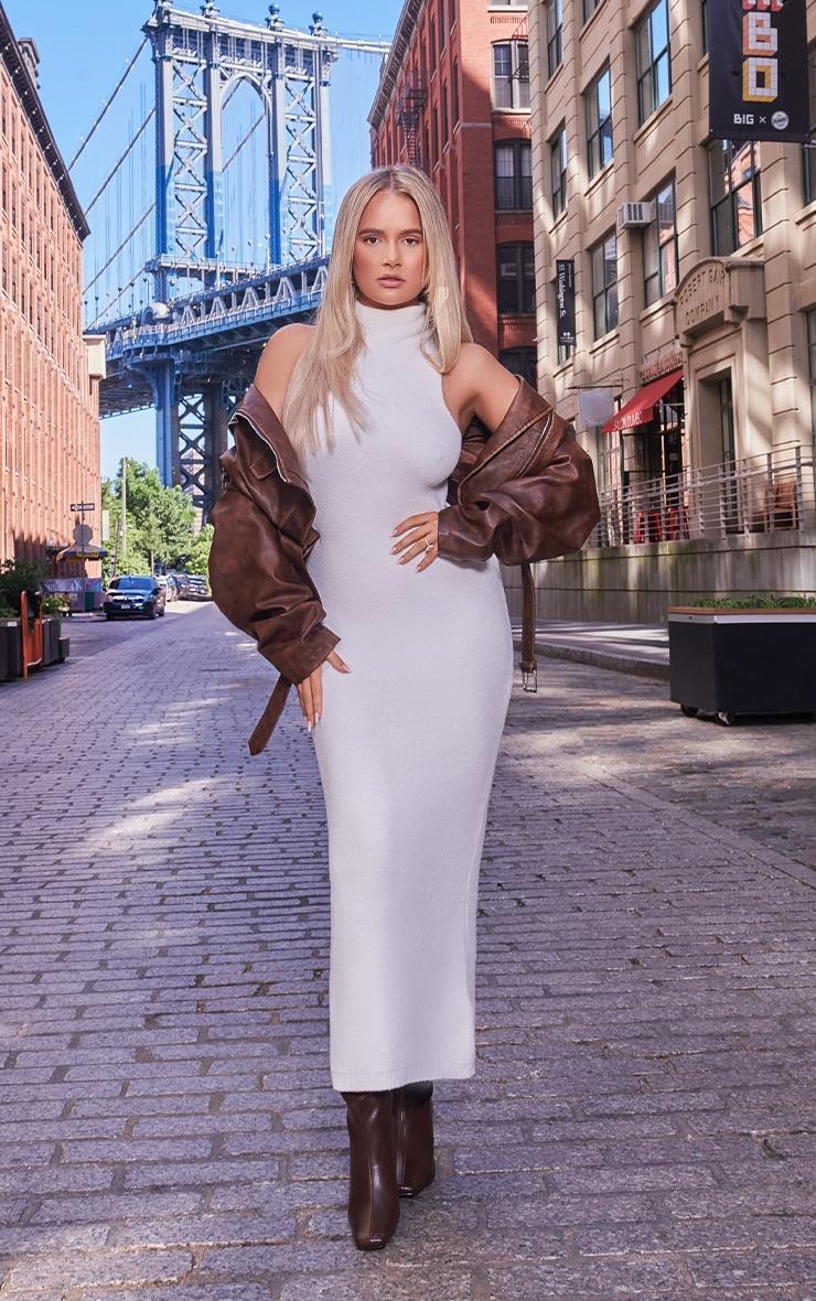 Brown Faux Leather Mottled Texture Belted Hem Biker Jacket Product Image