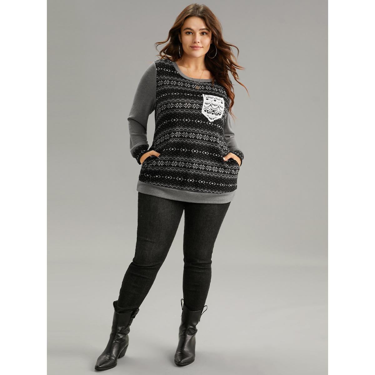 Plus Size Boho Print Patchwork Lace Panel T-shirt Black Women Casual Printed Bohemian Print Round Neck Dailywear T-shirts BloomChic 14-16/1X Product Image