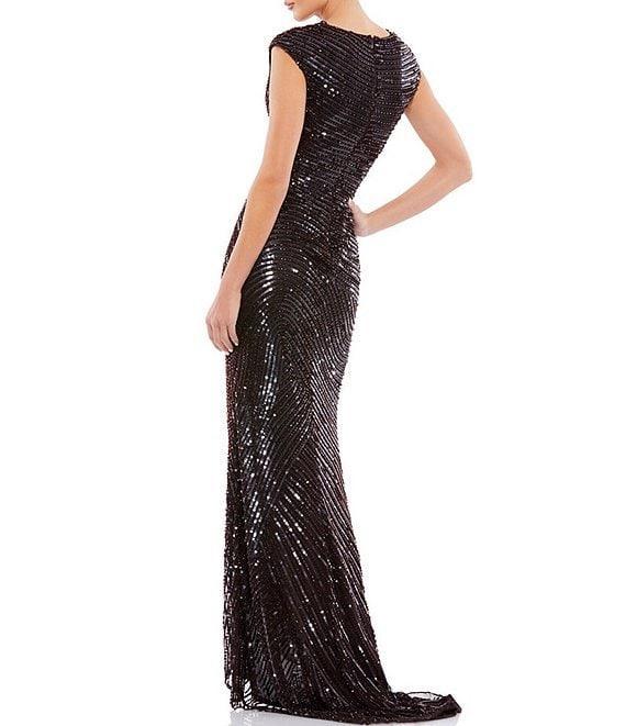 Mac Duggal Sequin V-Neck Cap Sleeve Front Slit Gown Product Image