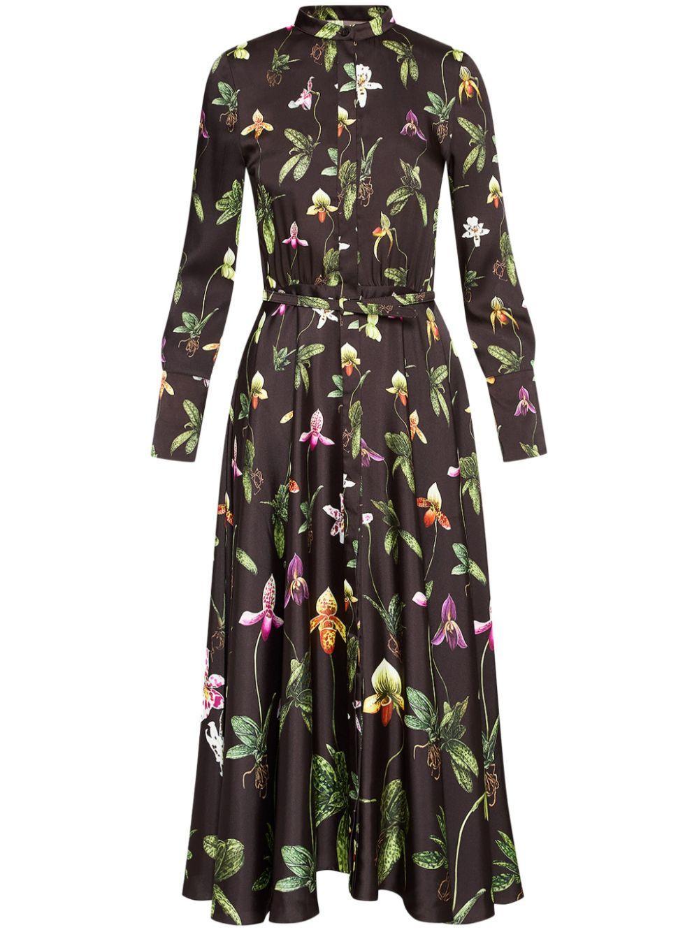 OSCAR DE LA RENTA Orchid Print Chiffon Inset Cady Dress In Brown Product Image