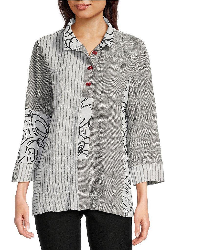 Ali Miles Pucker Mixed Print Wire Collar 3/4 Sleeve Button Front Tunic Product Image