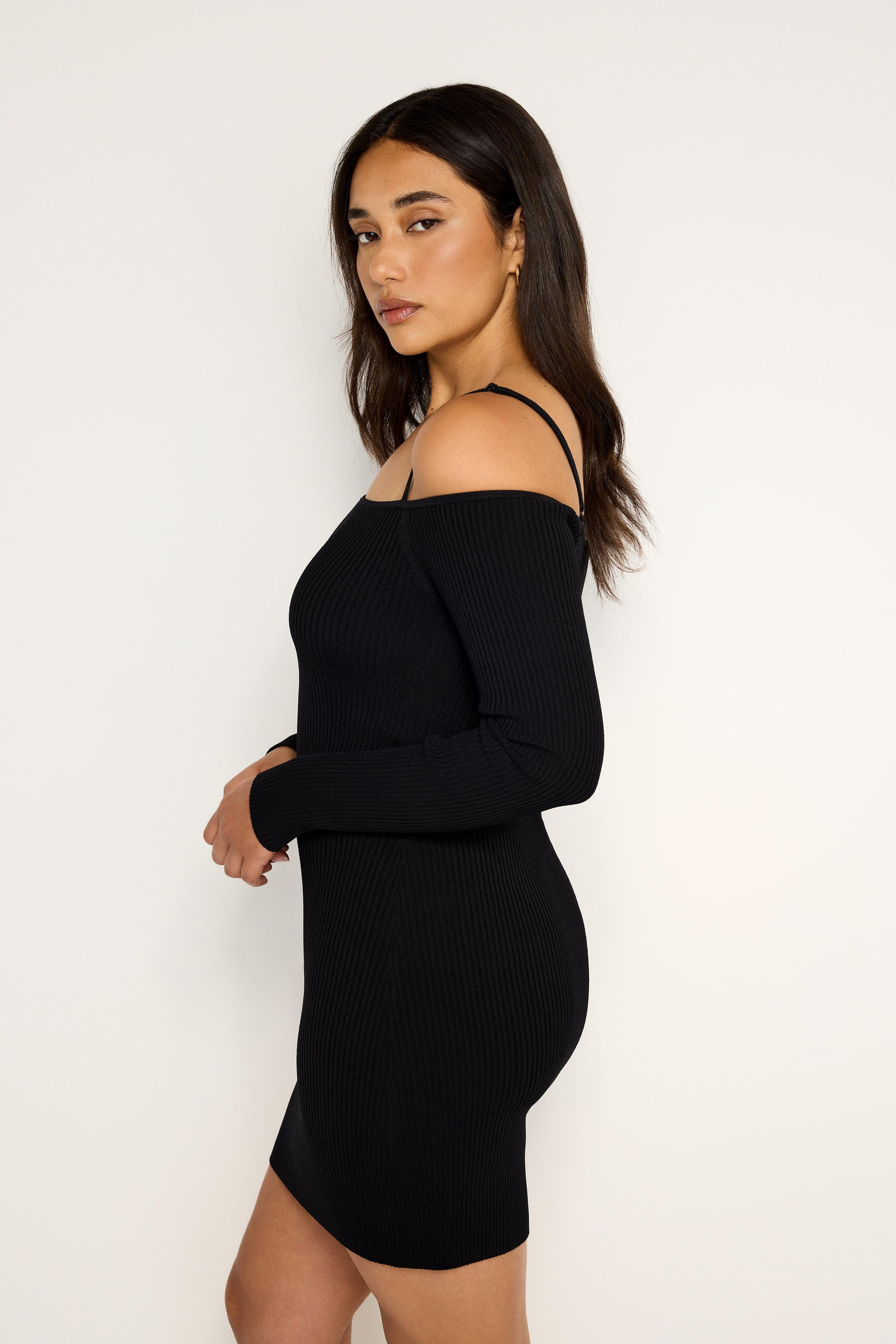 STRETCH RIB KNIT SHOULDER MINI DRESS | BLACK001 Product Image