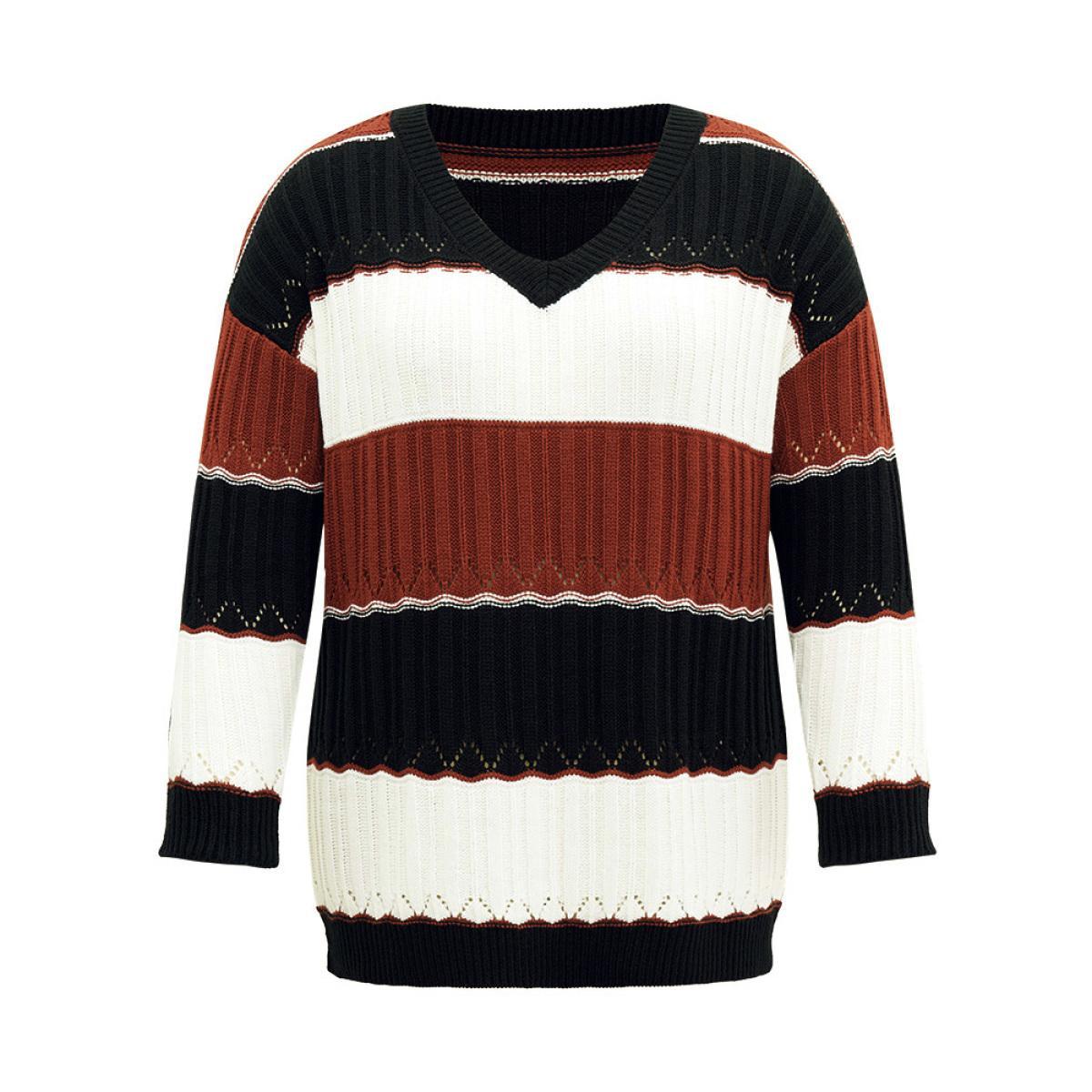 Plus Size Colorblock Contrast Hollow Out Drop Shoulder Pullover Multicolor Women Casual Loose Long Sleeve V-neck Dailywear Pullovers BloomChic 26/4X Product Image