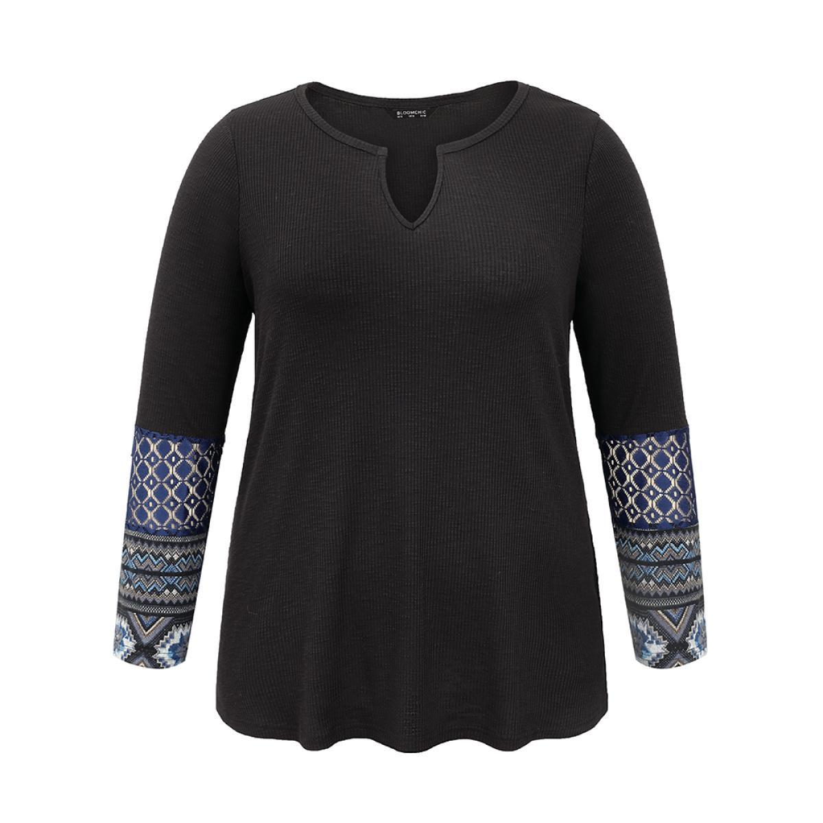 Plus Size Boho Print Texture Notched Patchwork Lace T-shirt Black Women Casual Texture Bohemian Print Notched collar Dailywear T-shirts BloomChic 10/M Product Image