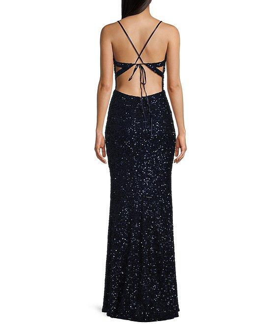 B. Darlin Mesh Sequin Spaghetti Strap V-Neck Dress Product Image