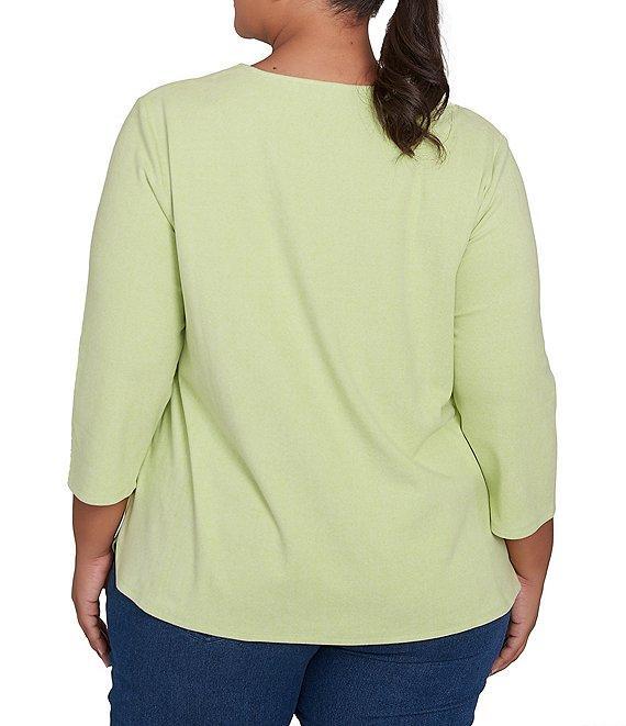 Ruby Rd. Plus Size Knit 3/4 Sleeve Split V-Neck Lacing Rib Top Product Image