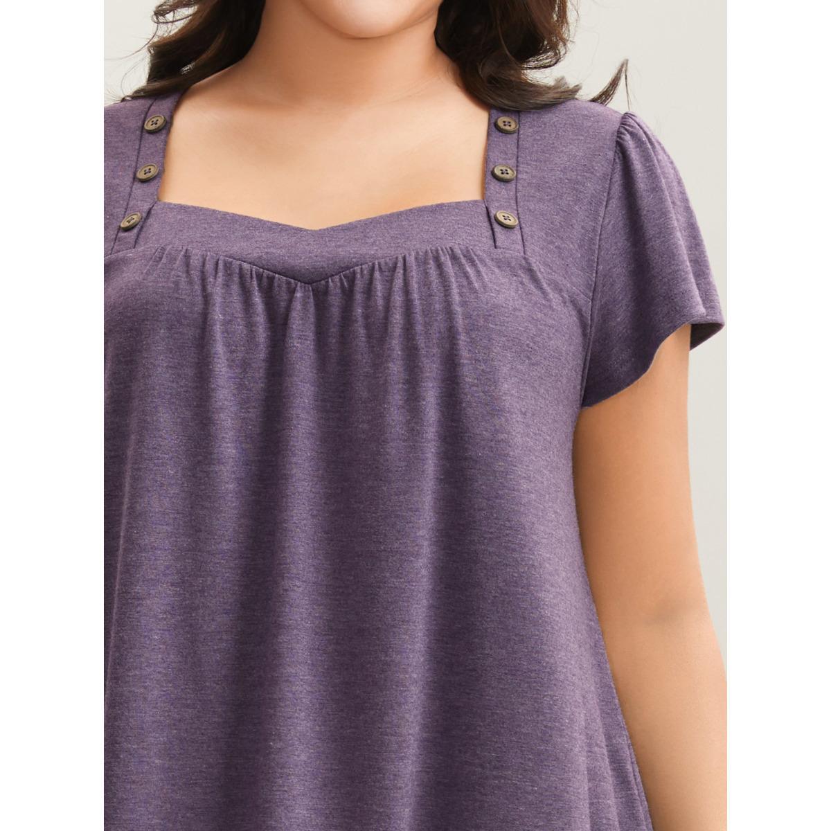 Plus Size Pleated Shoulder Button Plain Relaxed T-Shirt Mauve Women Leisure Gathered Heart neckline Loose Casual T-shirts BloomChic 10/M Product Image