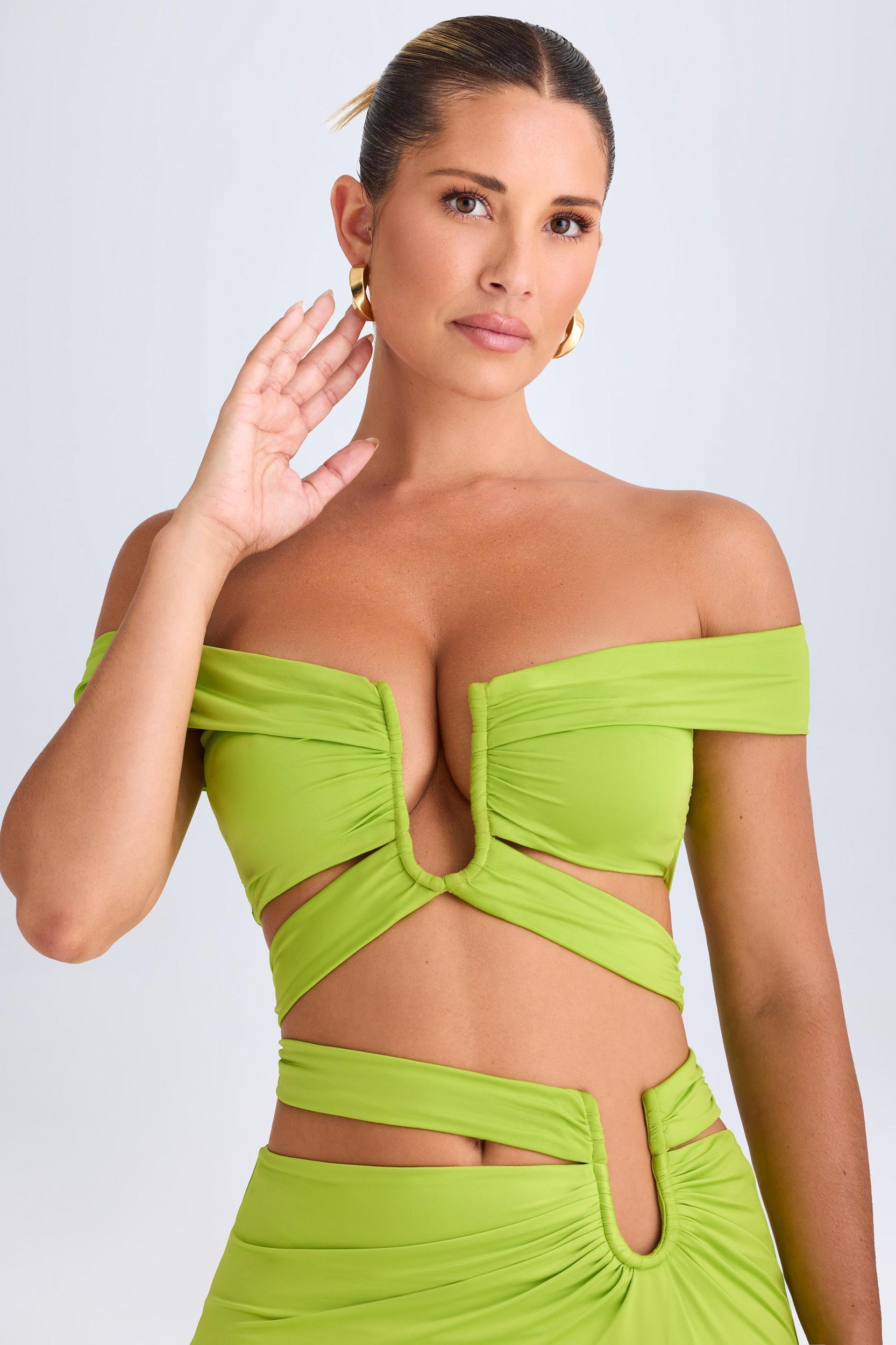 Cut-Out Off-Shoulder Crop Top in Lime Green Female Product Image
