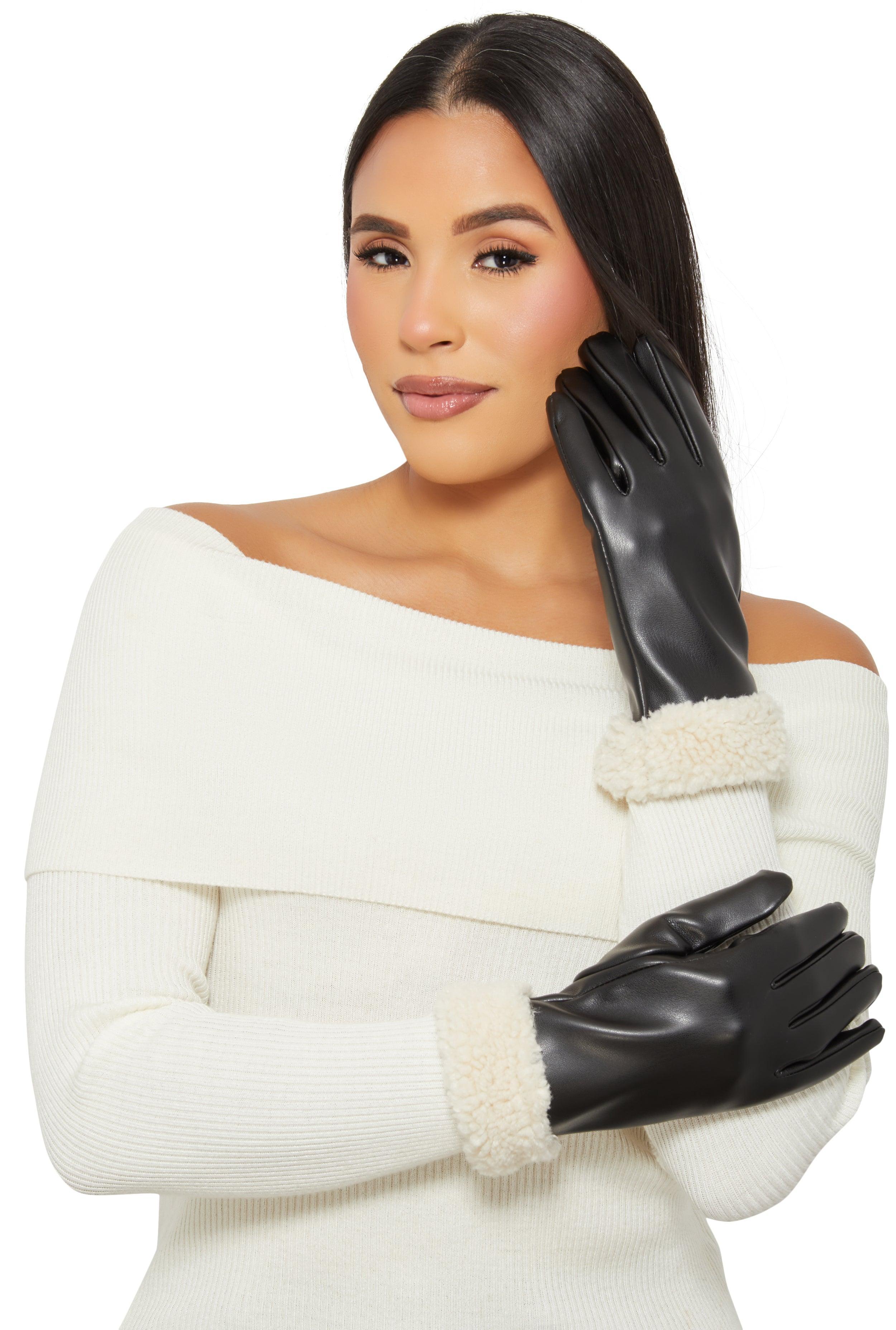 Sherpa Cuff Faux Leather Gloves Female Product Image