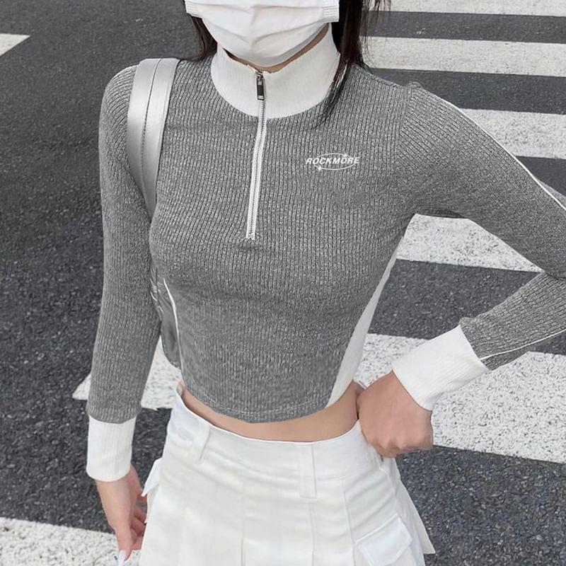 Long Sleeve Stand Collar Half Zip Ribbed Crop Top Product Image