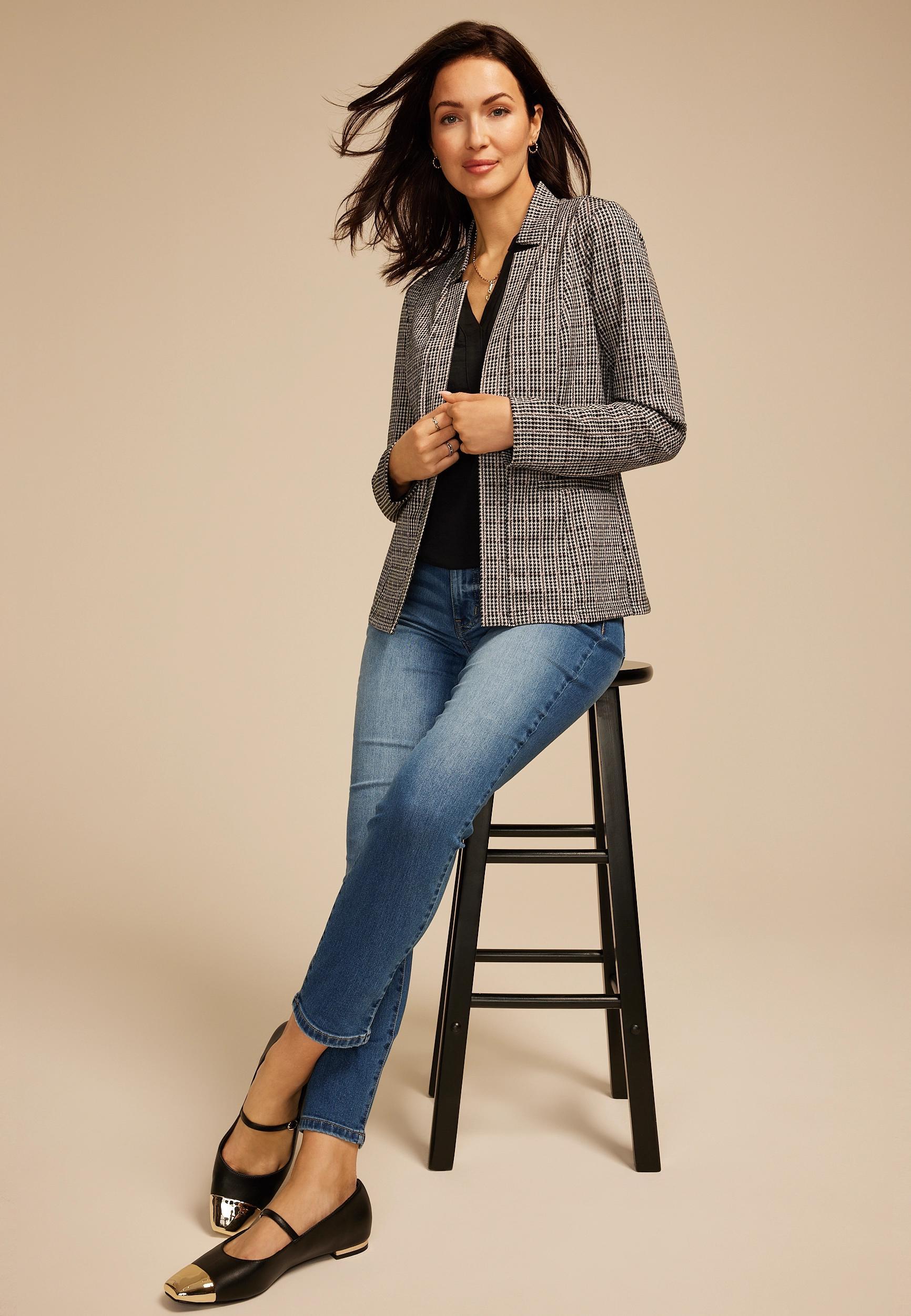 Houndstooth Plaid Ponte Knit Blazer Product Image