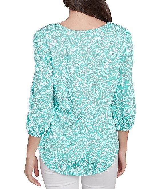 Ruby Rd. Knit Mixed Pattern Print Ladder Stitch Scoop Neck 3/4 Sleeve Top Product Image