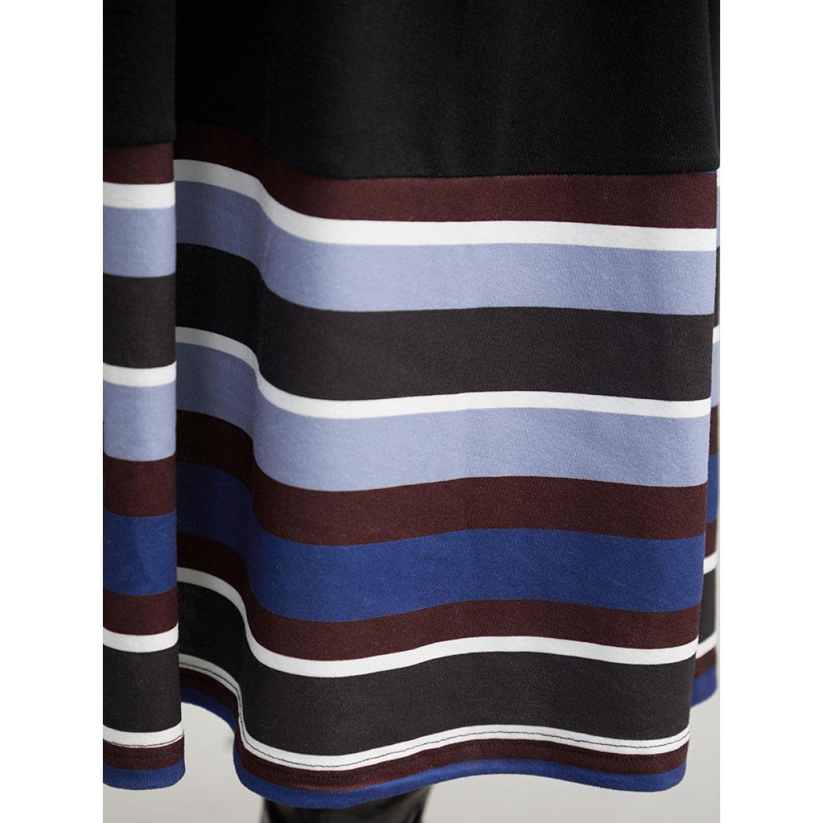 Plus Size Striped Patchwork Contrast Crew Neck Dress Black Women Casual Contrast Round Neck Long Sleeve Curvy Midi Dress BloomChic 14-16/1X Product Image
