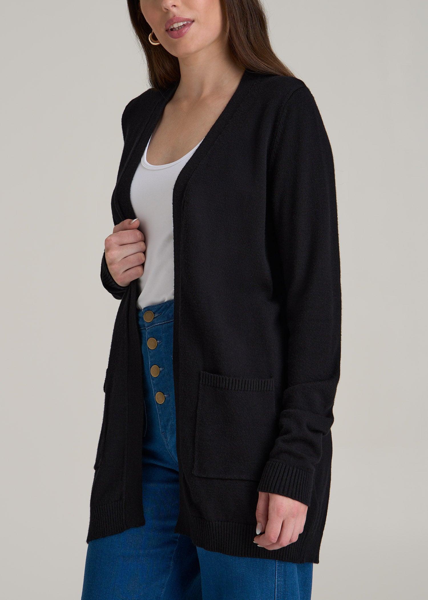 Open-Front Long Cardigan Sweater for Tall Women in Black Product Image