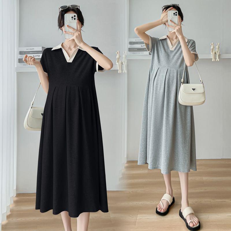 Maternity Short-Sleeve Collar Contrast Trim Midi A-Line Dress Product Image