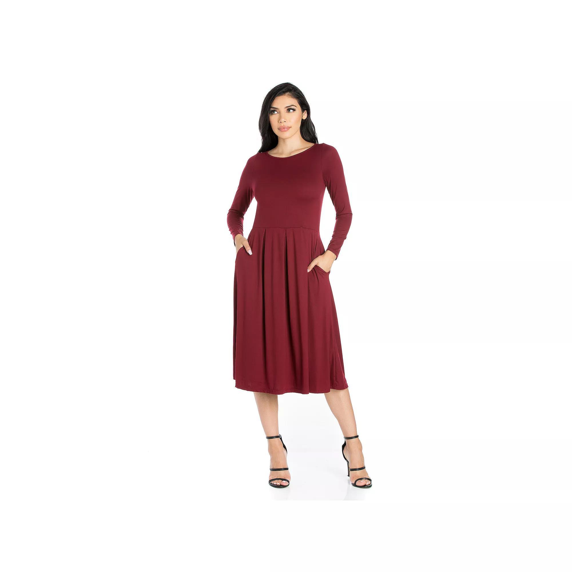 Women's 24Seven Comfort Apparel Long Sleeve Fit & Flare Dress with Pockets,  Product Image