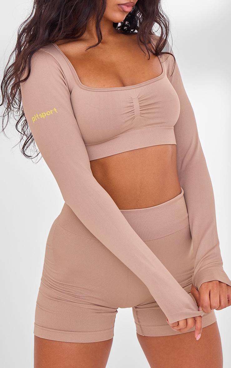 PLT SPORT Light Mocha Seamless Contrast Branding Square Neck Top Product Image