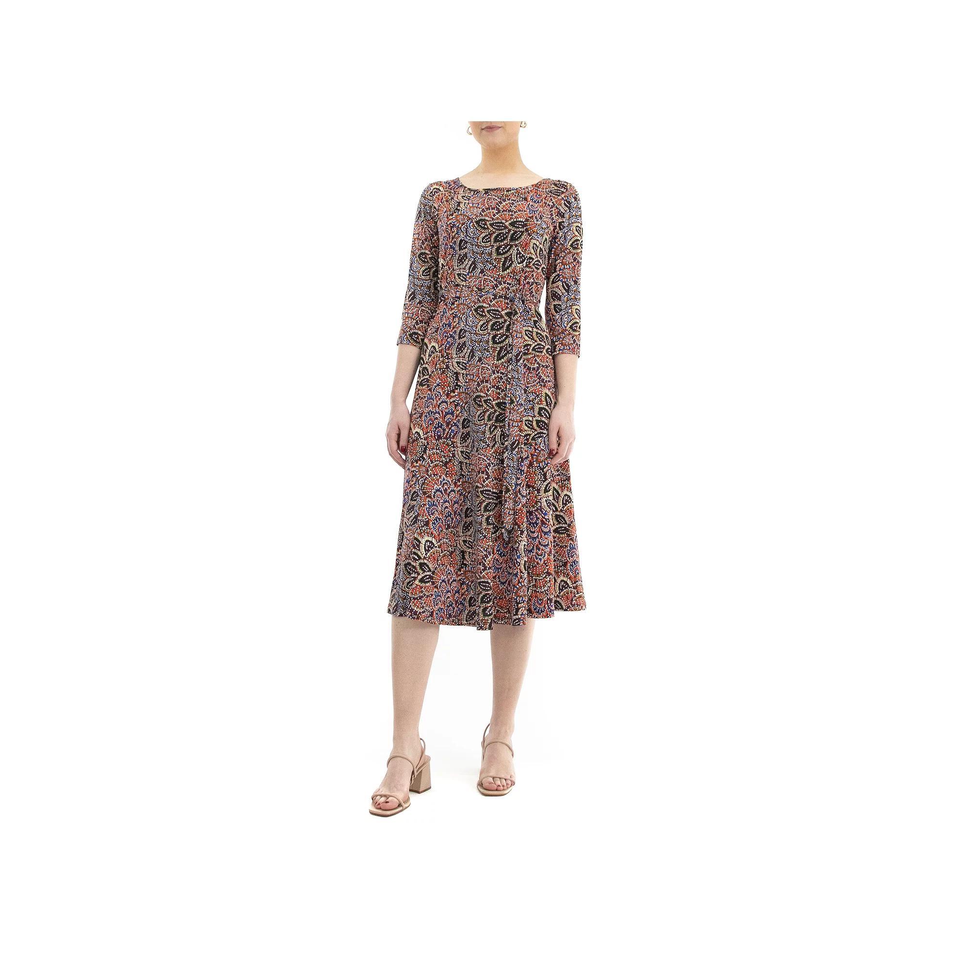 Women's Nina Leonard Belted 3/4 Sleeve Print Midi Dress,  Product Image
