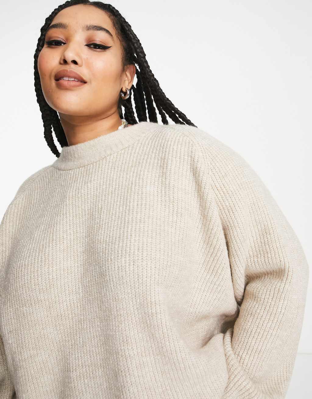 Only Curve ribbed crew neck sweater in beige  Product Image