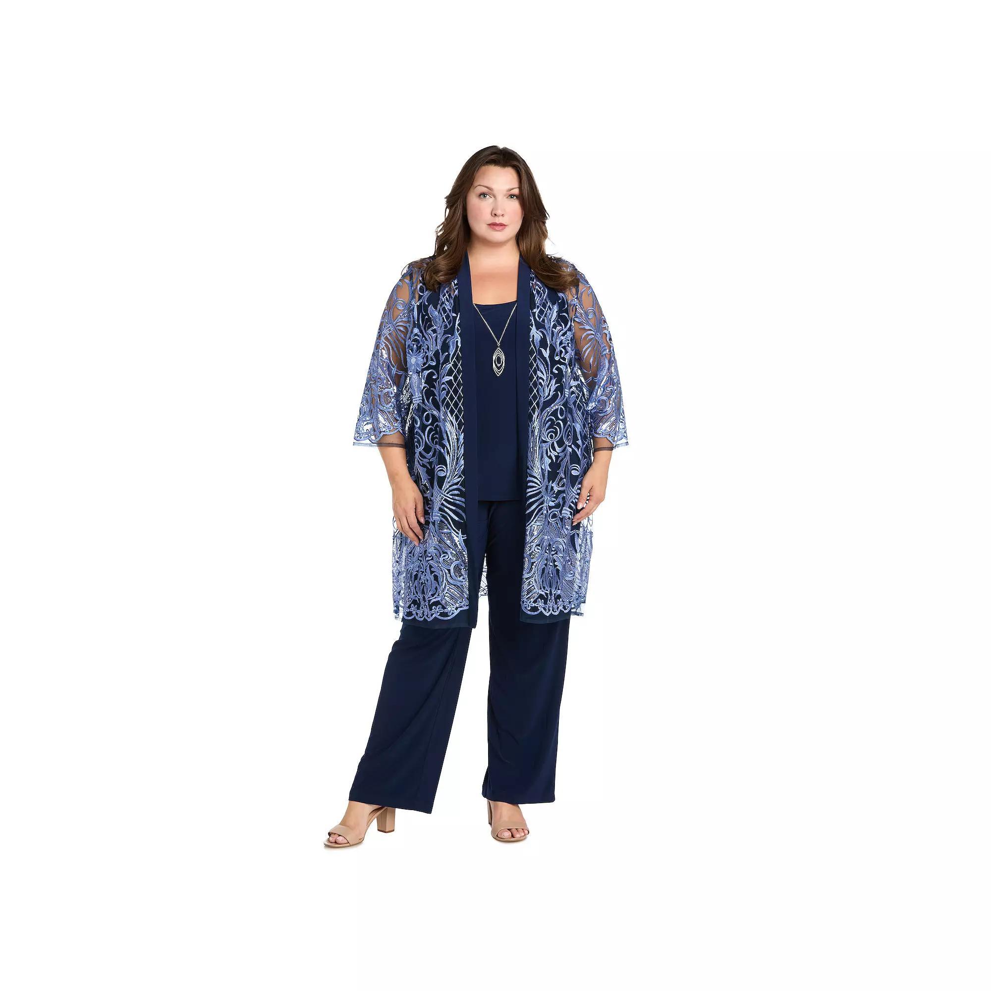 Plus Size R&M Richards 4-pc. Embroidered Sequin Duster Jacket, Tank Top & Jersey Pants Set with Necklace, Women's, Size: 16 W, Purple Product Image