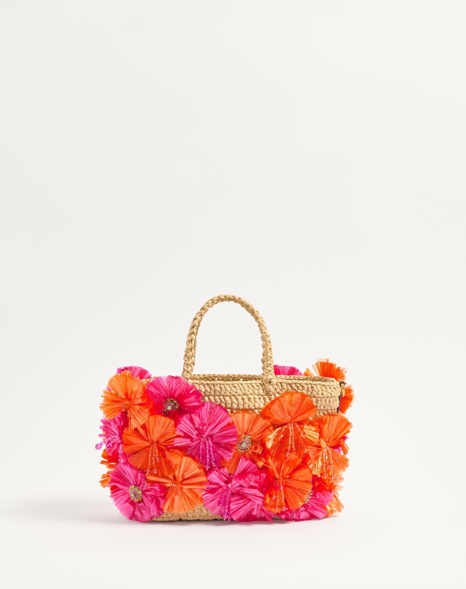 Small Raffia Shopping Bag With Flowers And Beads Product Image