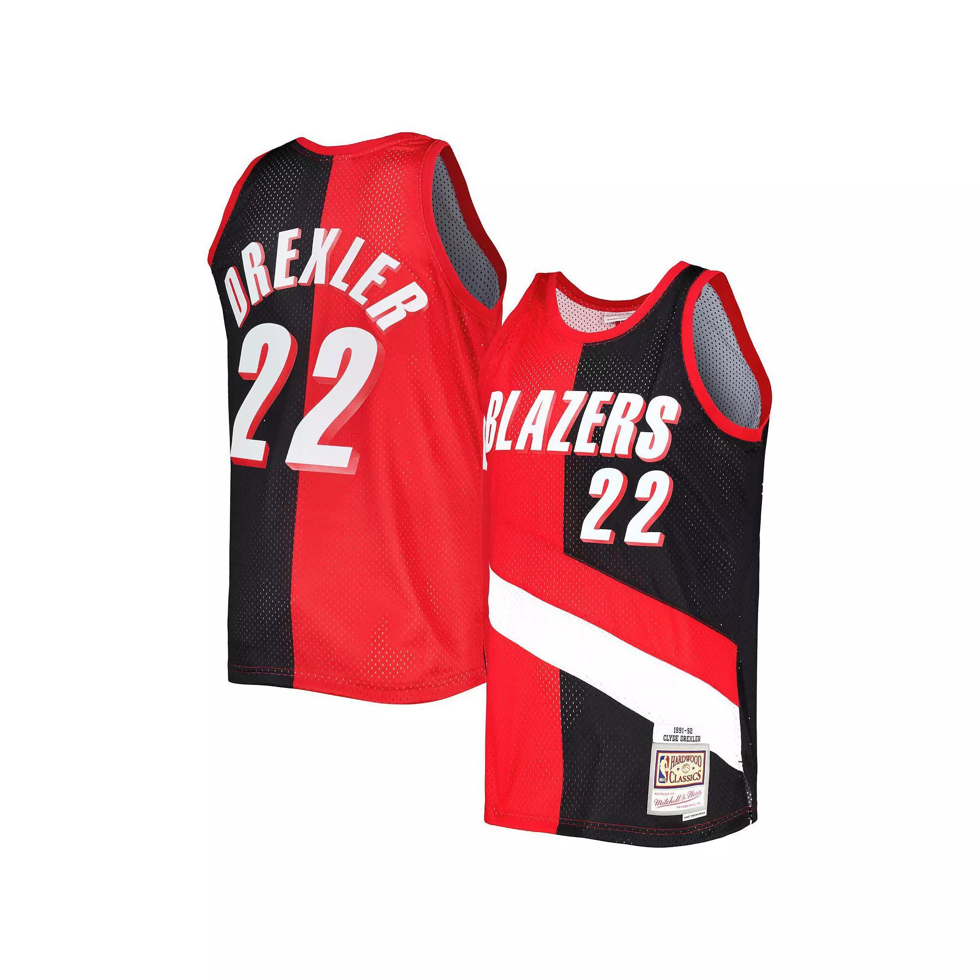 Men's Mitchell & Ness Clyde Drexler Red/Black Portland Trail Blazers Hardwood Classics 1991-92 Split Swingman Jersey, Size: Medium Product Image