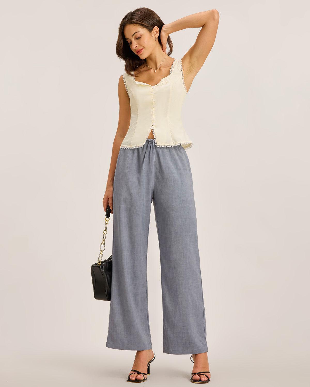 Grey Elastic Straight Waist Pants Product Image