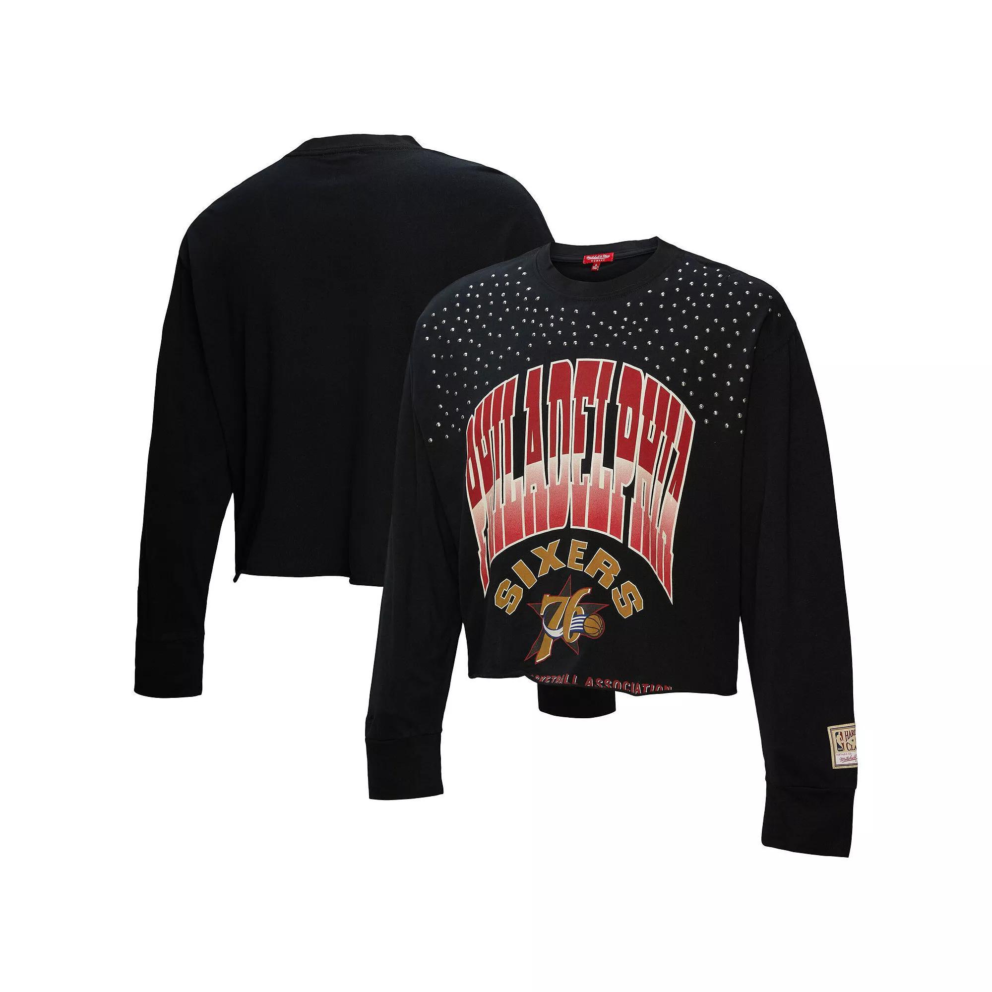 Women's Mitchell & Ness  Black Philadelphia 76ers Hardwood Classics Studded Boxy Cropped Long Sleeve T-Shirt, Size: Medium, 76r Black Product Image