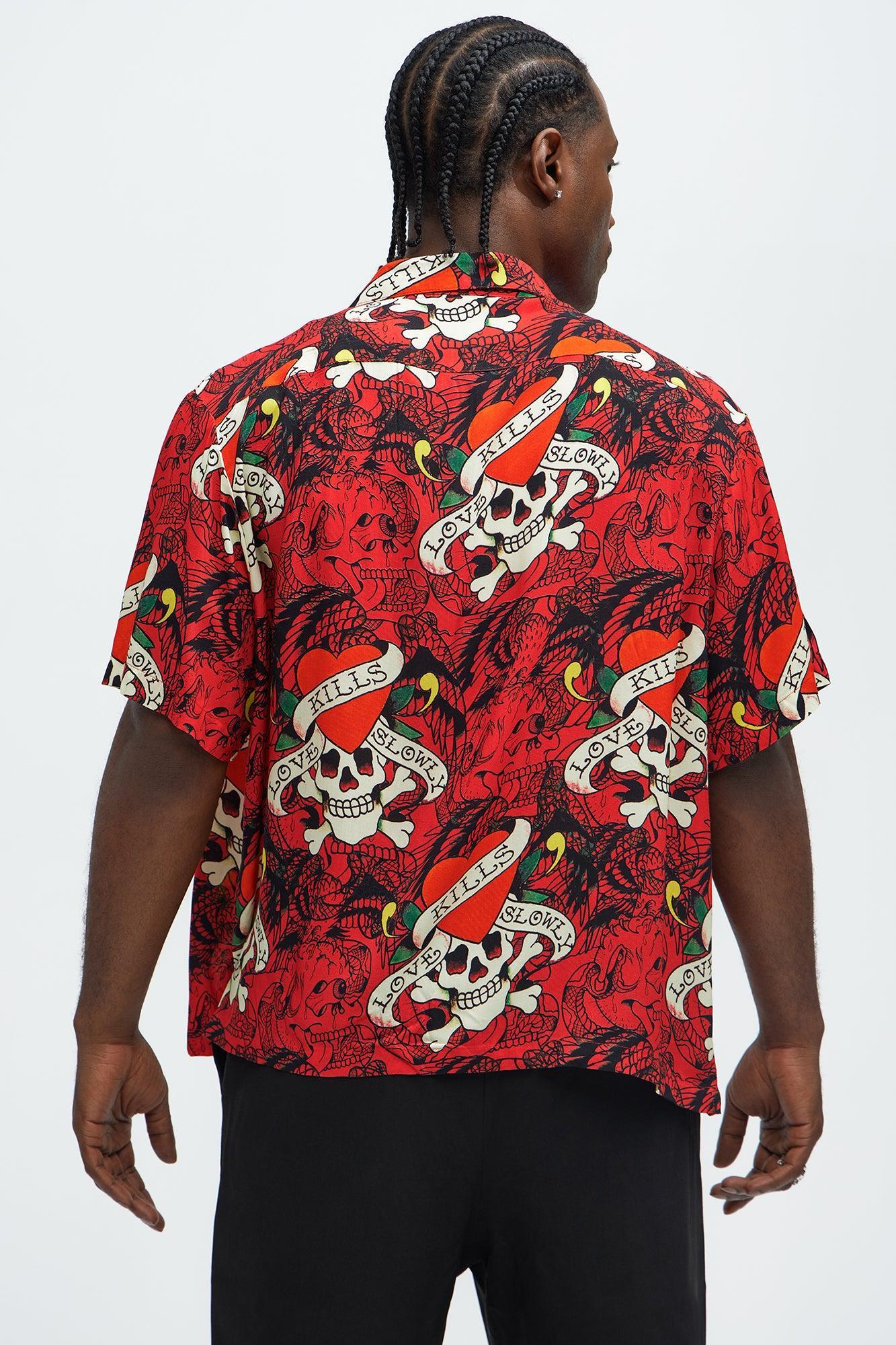 Ed Hardy Regular Fit All Over Print Button Up Shirt - Red Product Image