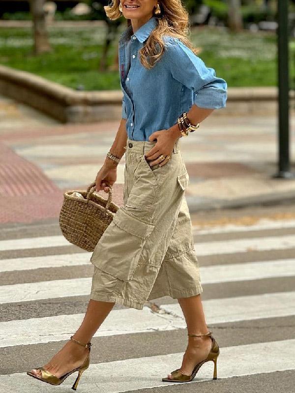Loose Wide Leg Buttoned Pockets Solid Color Split-Joint Capri-Pants Cropped Trousers Product Image
