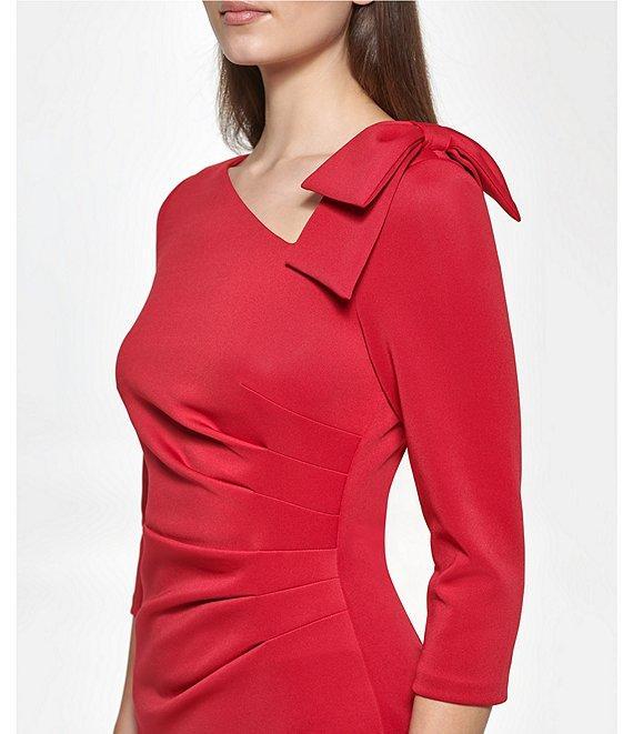 Jessica Howard 3/4 Sleeve Asymmetrical Neck Bow Shoulder Side Tuck Gown Product Image