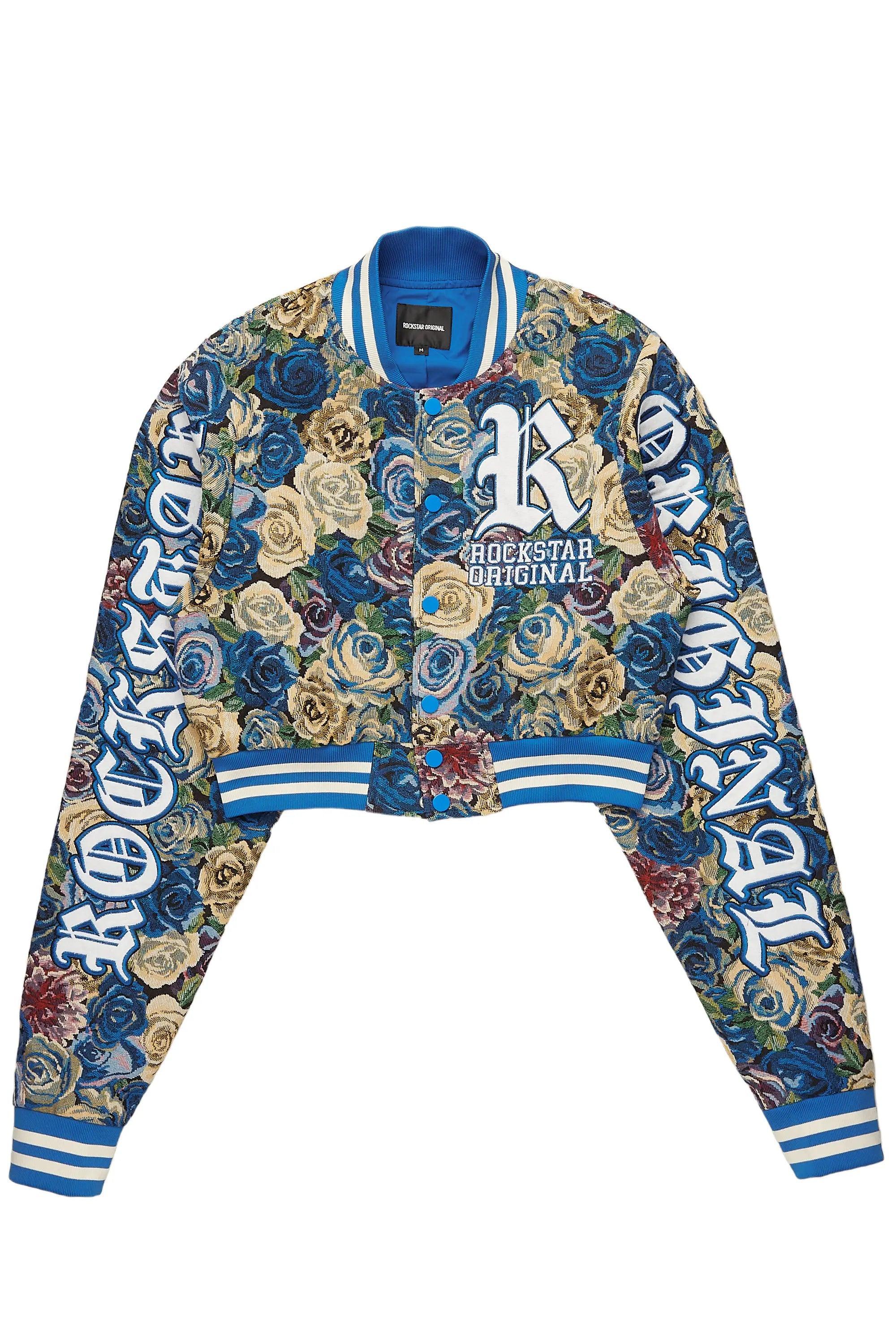 Darresha Blue Crop Tapestry Varsity Jacket Female Product Image