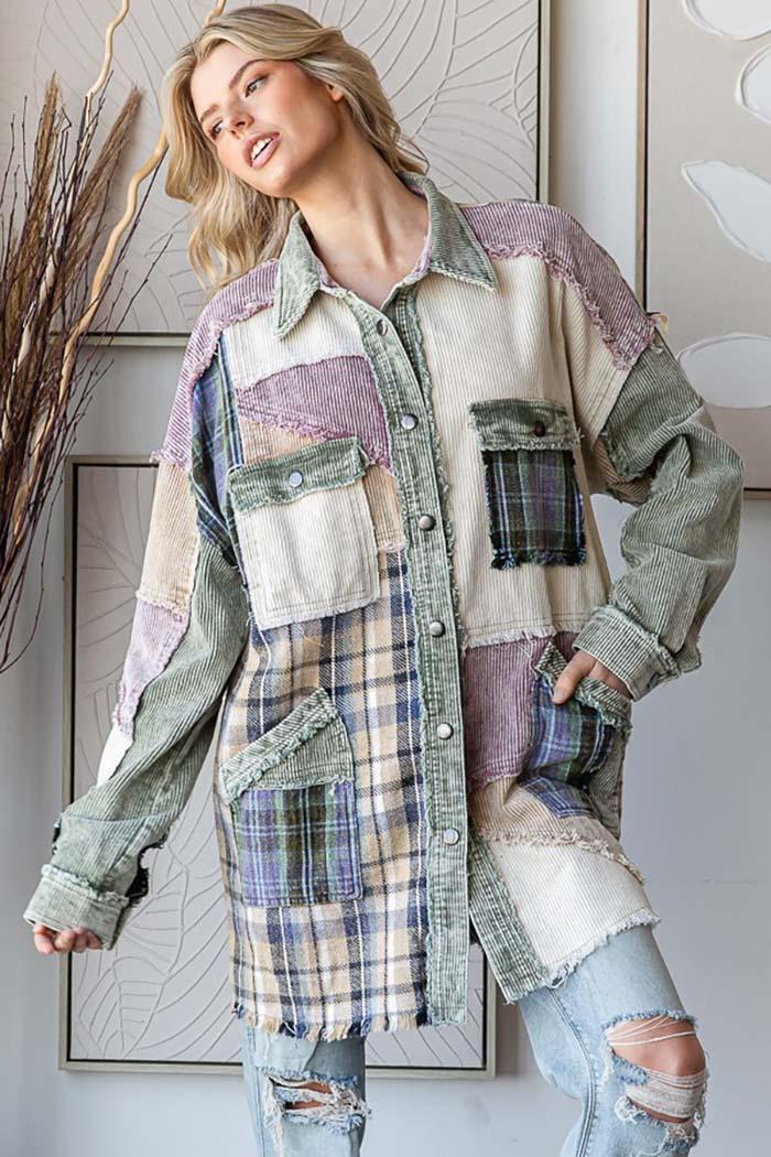 Patchwork Corduroy Long Sleeve Shacket Product Image