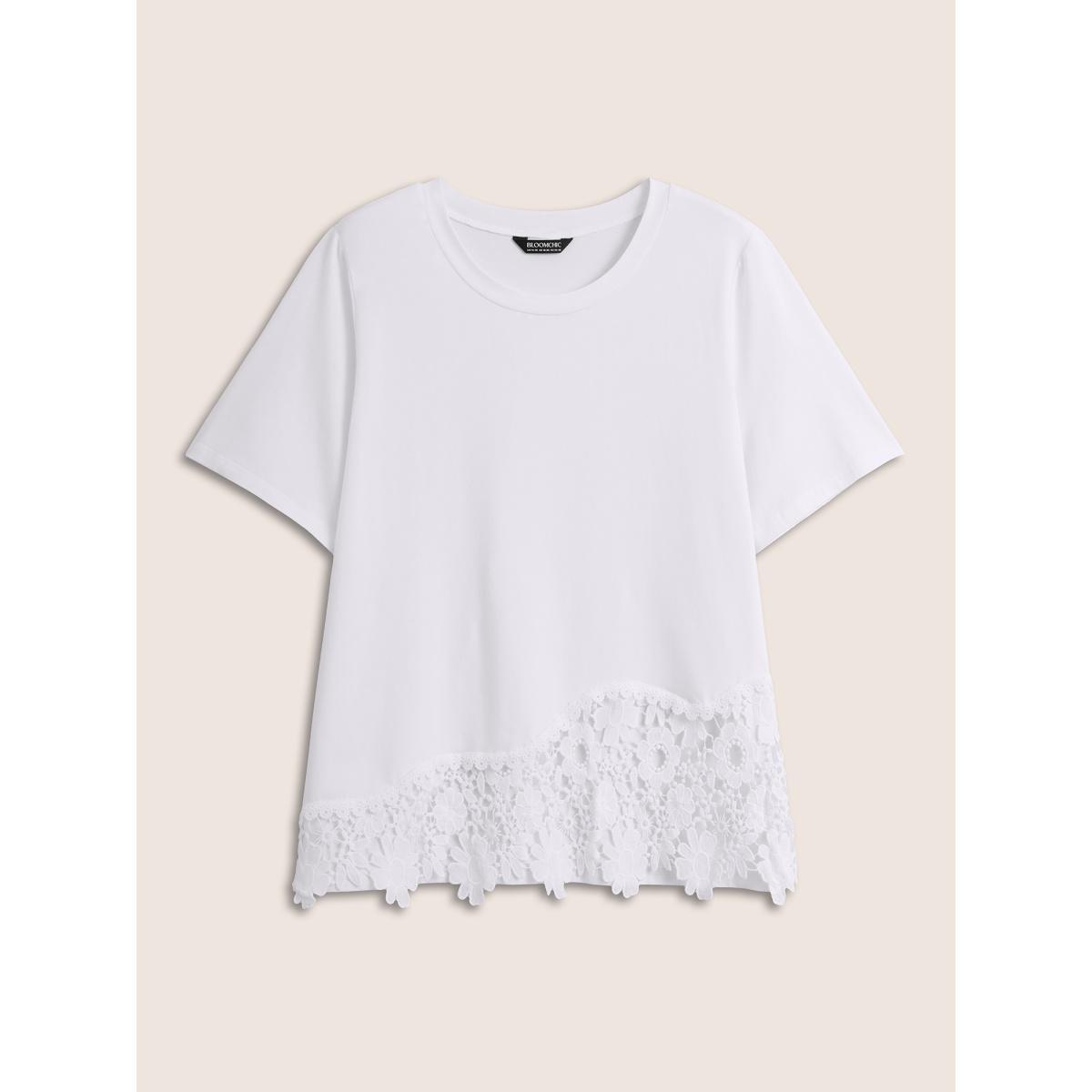 Plus Size Crew Neck Flower Lace Patchwork T-shirt WhiteSmoke Women Elegant Patchwork Round Neck Everyday T-shirts BloomChic 18-20/2X Product Image