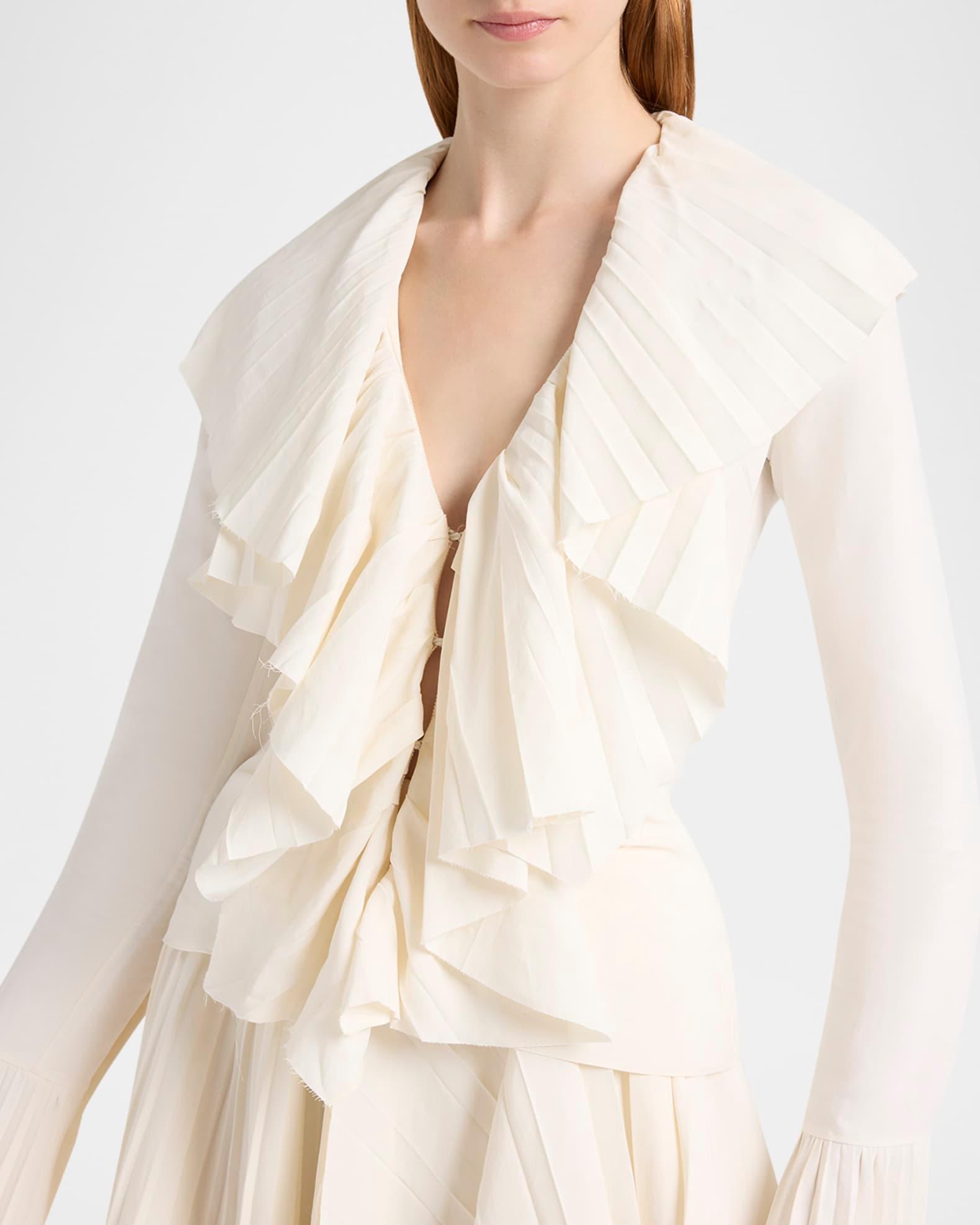 Long-Sleeve V-Neck Pleated Ruffle Blouse Product Image