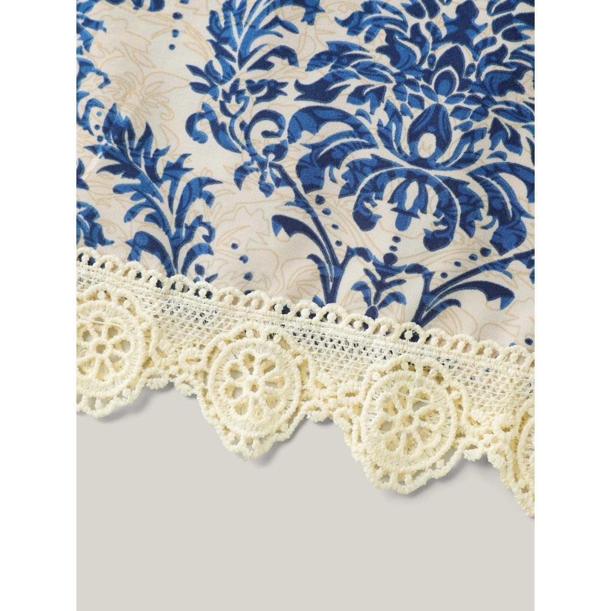 Plus Size Damask Print Lace Detail Midi Dress Mediumblue Women Woven ribbon&lace trim V-neck Elbow-length sleeve Curvy BloomChic 10/M Product Image