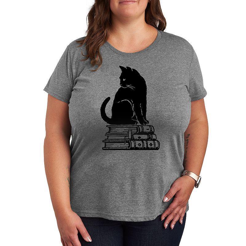 Womens Black Cat on Books Graphic Tee, Girls Grey Gray Product Image