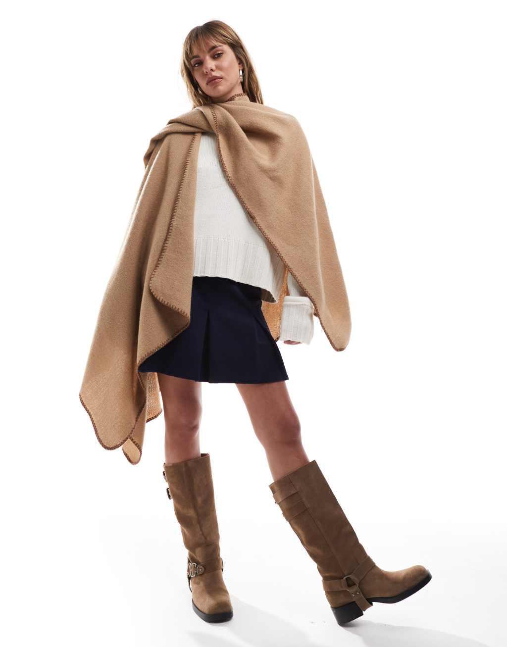 ASOS DESIGN cape with stab stitch detail in beige Product Image