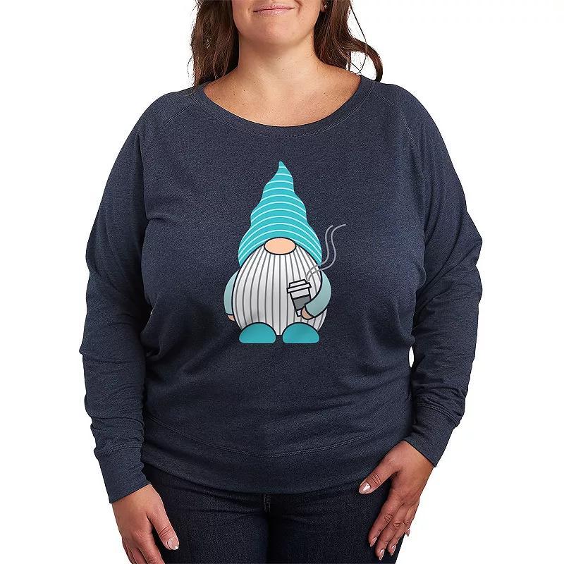 Plus Size Gnome With Coffee French Terry Long Sleeve Tee, Womens Grey Indigo Product Image